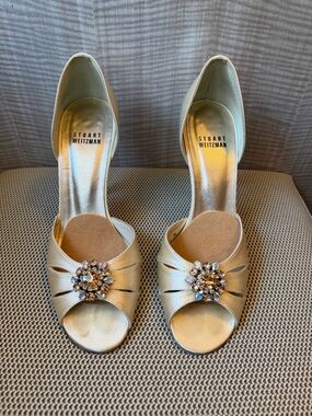 Stuart Weitzman Gold Jeweled Peep-Toe Heels